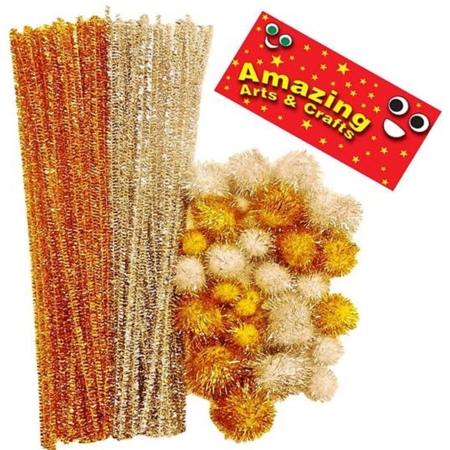 gold and silver pipe cleaners and Pom poms